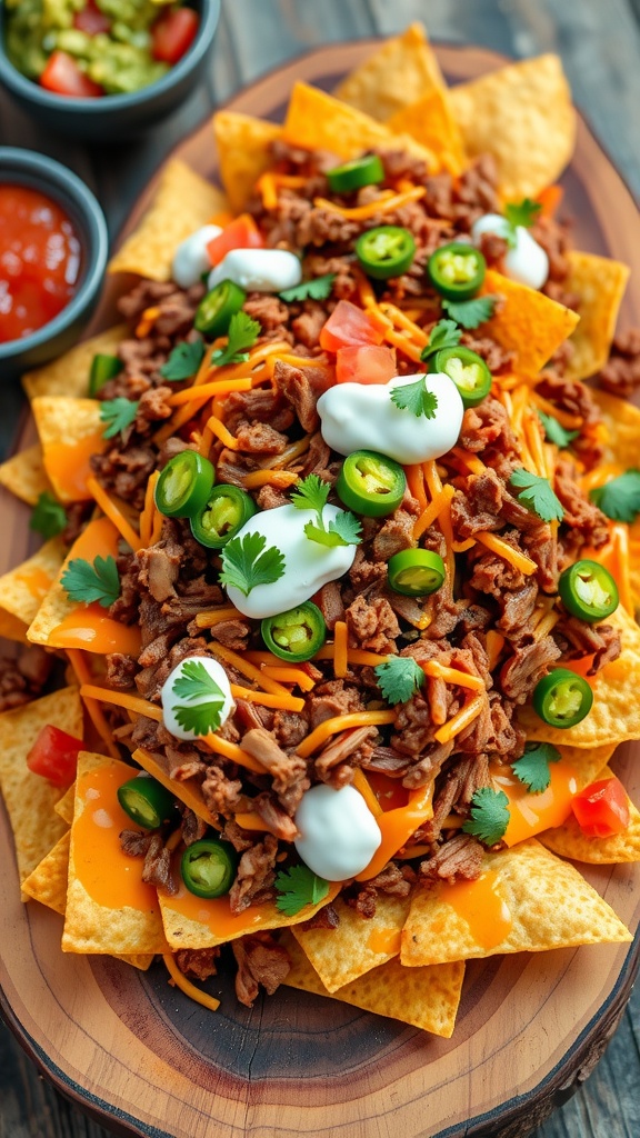 Loaded nachos with pulled pork, cheese, jalapeños, served on a wooden board with salsa and guacamole.